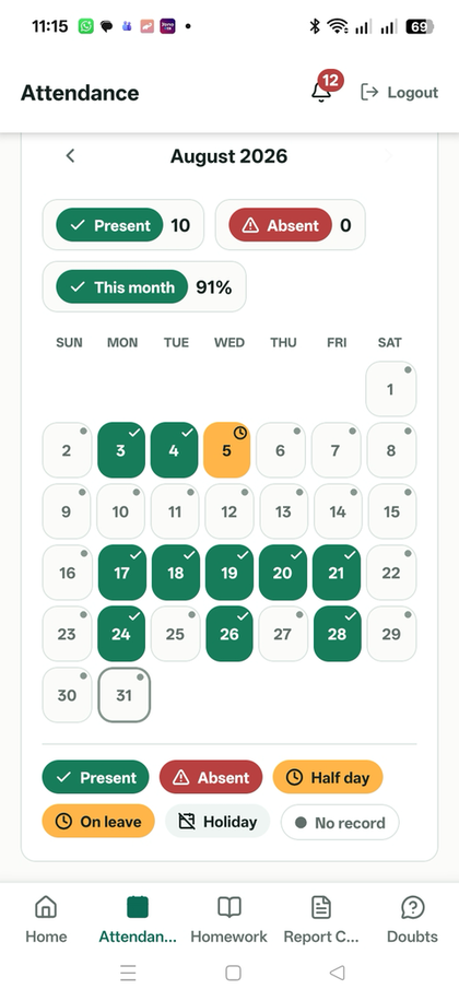 Zelarium mobile app — Attendance screen showing a monthly calendar with present, absent and half-day status