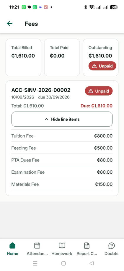 Zelarium mobile app — Fees screen with total billed, paid, outstanding and itemised fee lines