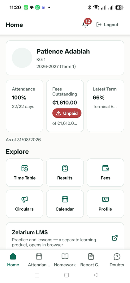Zelarium mobile app — Home screen with attendance %, fees outstanding and quick-access tiles