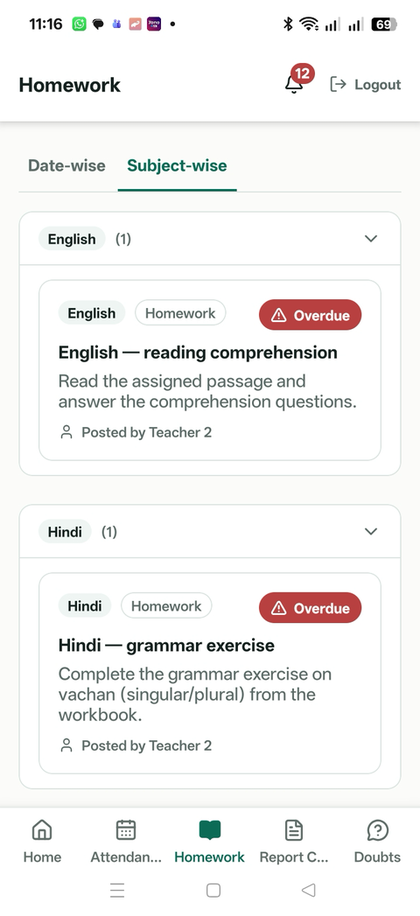 Zelarium mobile app — Homework screen with subject-wise homework list and due status